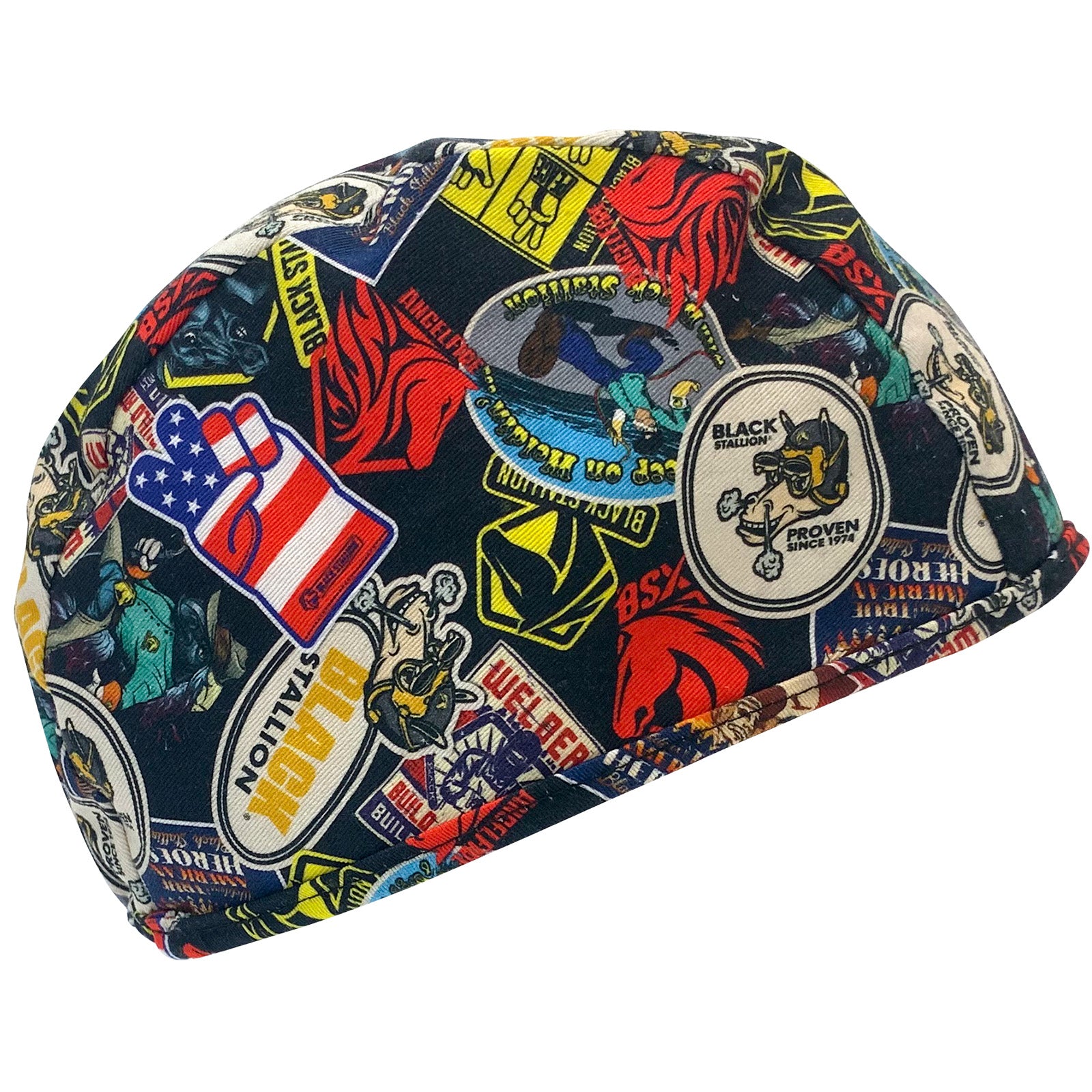 Hot Deal! Black Stallion Cotton Welding Cap and Beanie with Sticker Collage Design