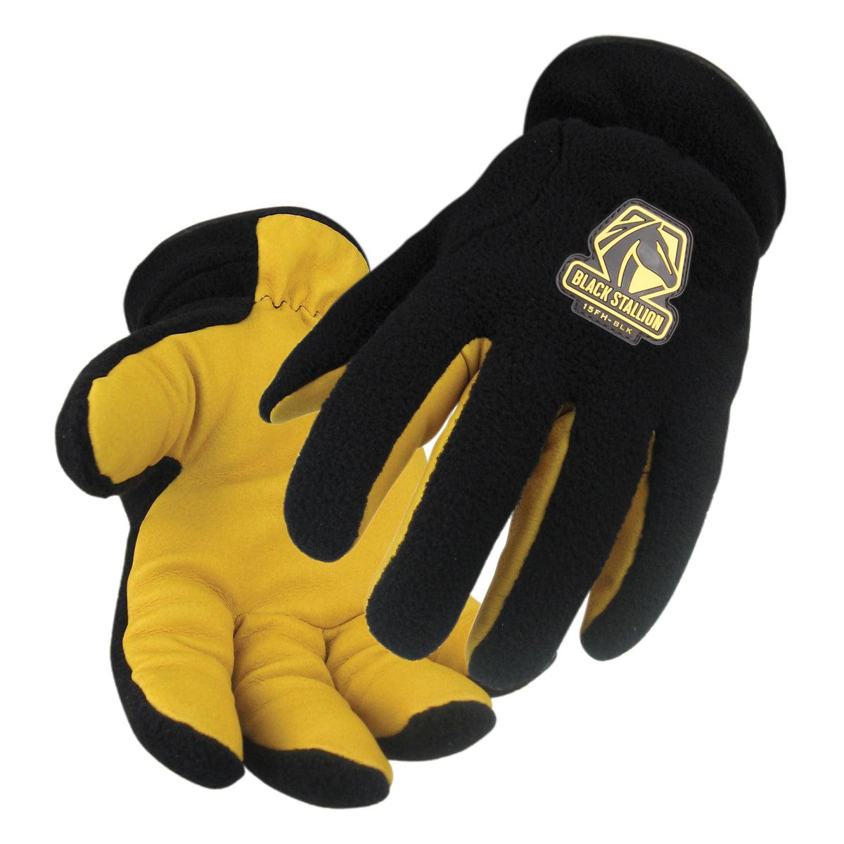 Hot Deal! Black Stallion Winter Gloves with Fuzzy Polar Fleece and Grain Pigskin - 15FH-BLK