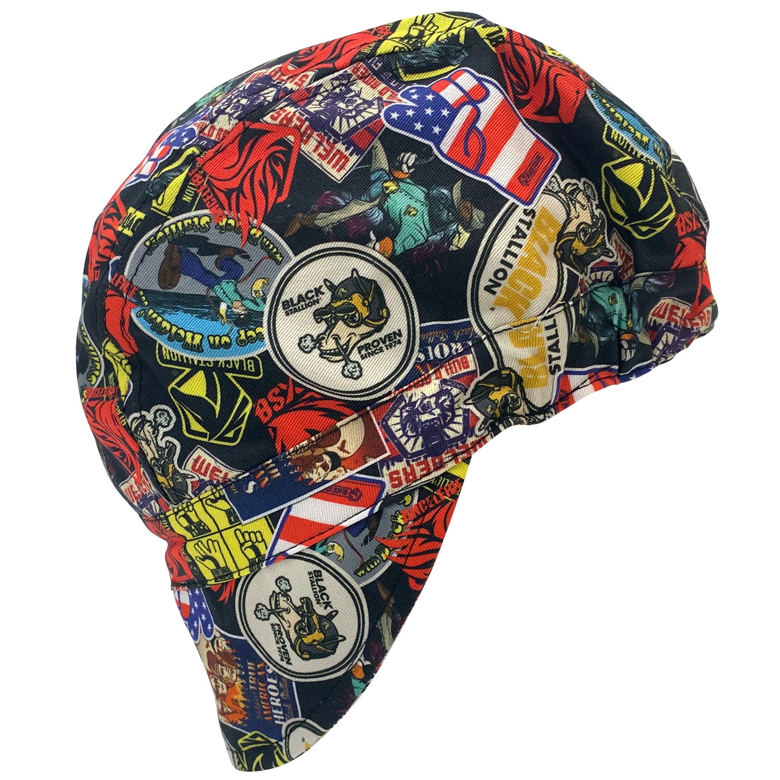 Hot Deal! Black Stallion Cotton Welding Cap and Beanie with Sticker Collage Design